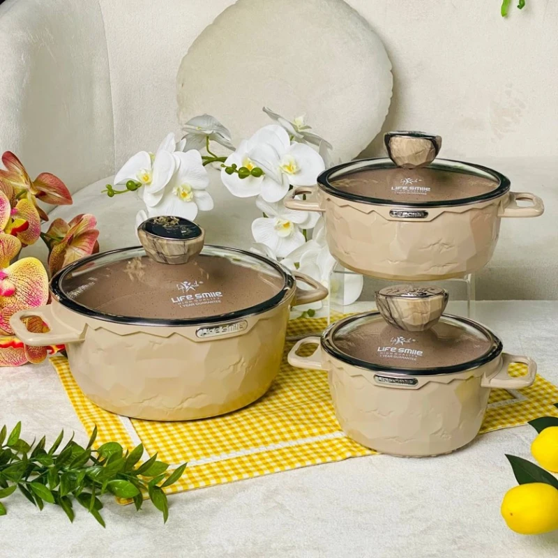 Набор кастрюль Life Smile LF-SM-007, бежевый, 3 предмета Набор кастрюль Life Smile LF-SM-007, бежевый, 3 предмета