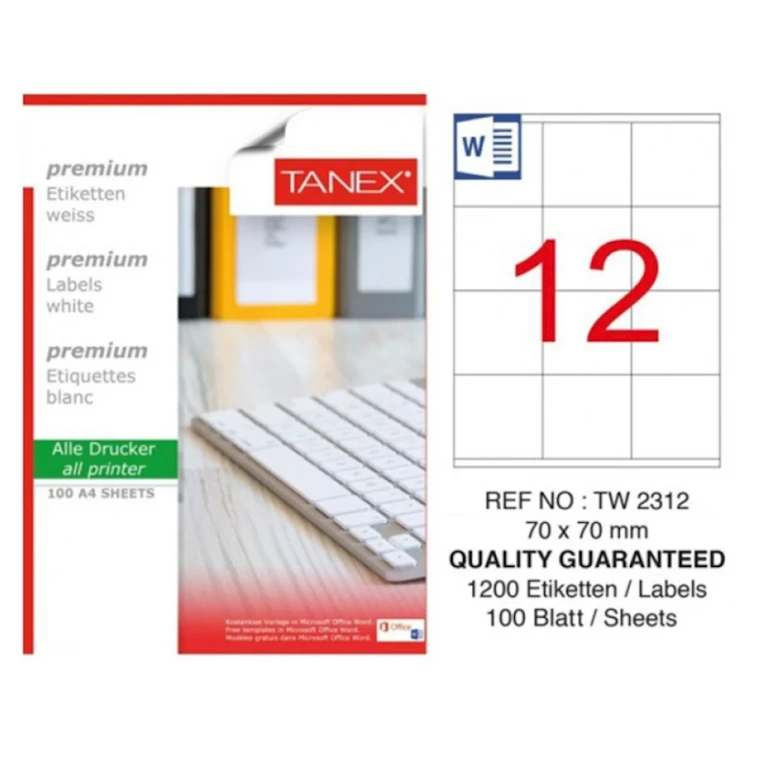 Этикетки самоклеющиеся Tanex TW-2312, 70x70 мм, 12 шт x 100 листов Этикетки самоклеющиеся Tanex TW-2312, 70x70 мм, 12 шт x 100 листов