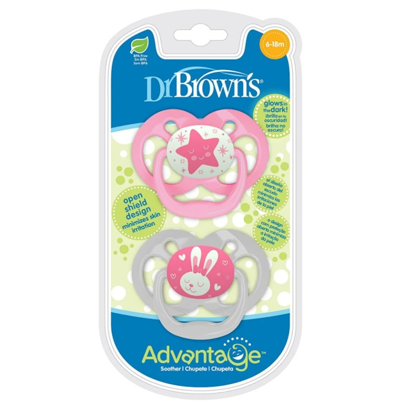 Набор пустышек Dr.Brown's Advantage, 6-18 месяцев, силикон, 2 шт, с подсветкой, розовый
