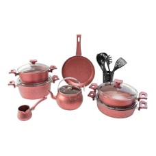 Qab-qacaq dəsti Çırağan, qranit, qırmızı, 19 parça