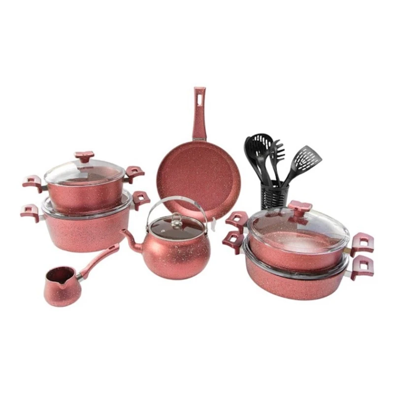 Qab-qacaq dəsti Çırağan, qranit, qırmızı, 19 parça