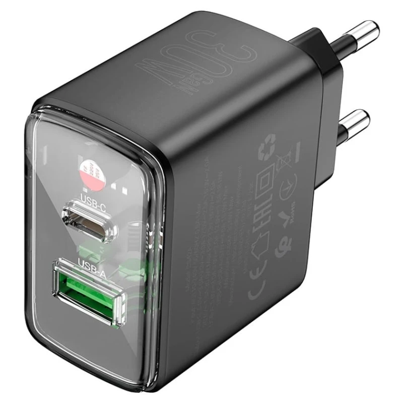 Адаптер Hoco CS42A Smart PD30W + QC3.0 Type-C + USB-A, Черный Адаптер Hoco CS42A Smart PD30W + QC3.0 Type-C + USB-A, Черный