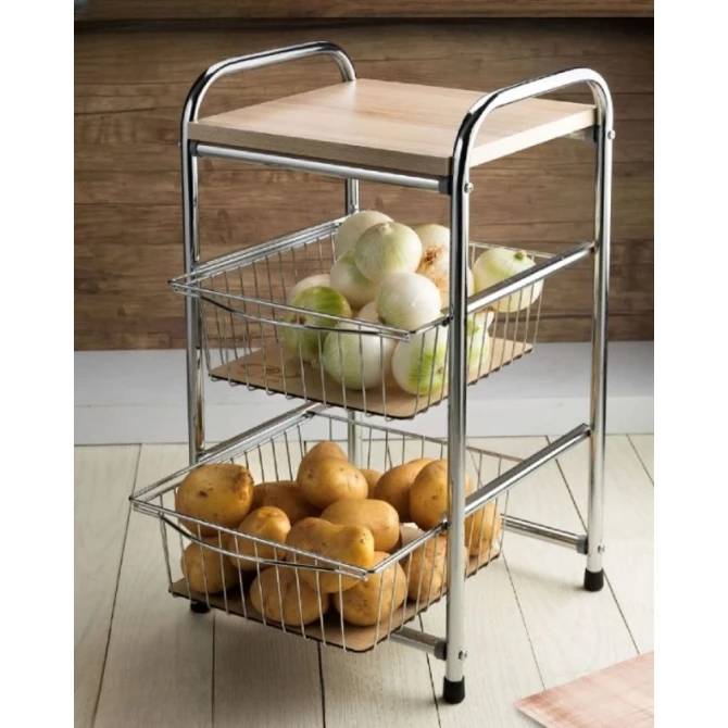 Etajerka meyvə və tərəvəz üçün, taxta/metal, qəhvəyi/gümüşü, 2 mərtəbəli, 32x32x45 sm Etajerka meyvə və tərəvəz üçün, taxta/metal, qəhvəyi/gümüşü, 2 mərtəbəli, 32x32x45 sm