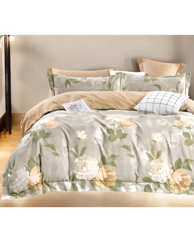 Yataq dəsti Luxe Cotton 000771, yorğan üzü 200x220 sm, mələfə 240x260 sm, yastıq üzü 50х70 sm, ikinəfərlik, satin, bej/yaşıl