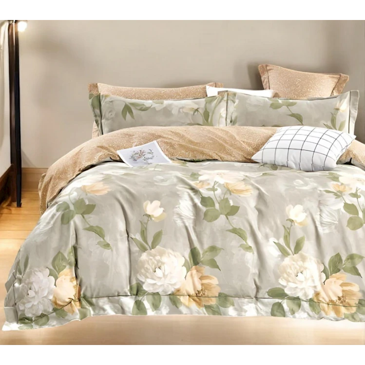 Комплект постельного белья Luxe Cotton 000771, пододеяльник 200x220 см, простыня 240x260 см, наволочка 50х70 см, двуспальный, сатин, бежевый/зеленый