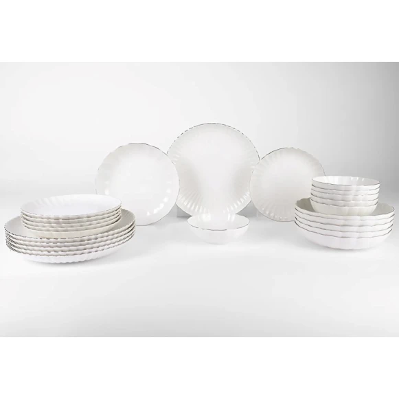 Набор тарелок Kutahya Porselen Bone Luz Form Platinum, 24 предмета, фарфор, на 6 персон, белый/серебристый Набор тарелок Kutahya Porselen Bone Luz Form Platinum, 24 предмета, фарфор, на 6 персон, белый/серебристый