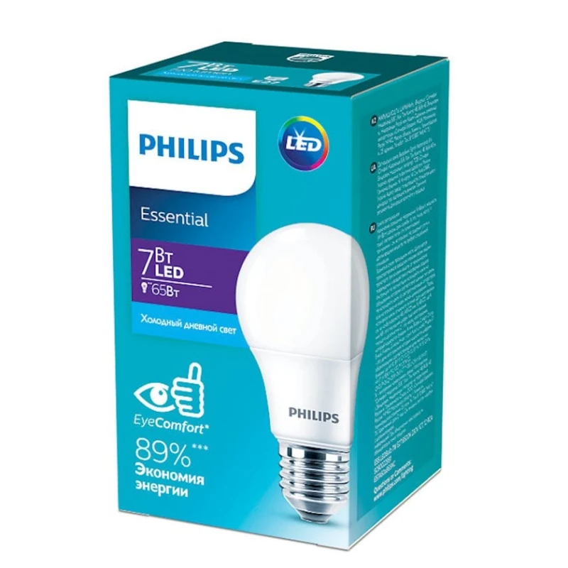 Лампа светодиодная Philips 7W (63W) E27 cap Cool daylight Bulb, грушевидная