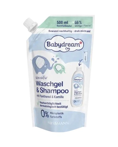 Çimizdirmək üçün gel və şampun Babydream Sensitive Çobanyastığı və pantenol ilə doypak 500 ml
