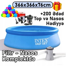 Şişmə hovuz və filtr-nasos Intex 366x366x76 sm, dairə, həcm 5621 l, mavi - 5621TX28132T200N