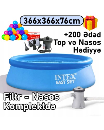 Şişmə hovuz və filtr-nasos Intex 366x366x76 sm, dairə, həcm 5621 l, mavi - 5621TX28132T200N