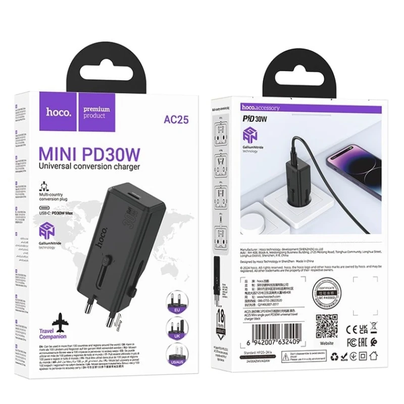Şəbəkə enerji toplama cihazı Hoco AC25 Mini Single Port PD30W Black Şəbəkə enerji toplama cihazı Hoco AC25 Mini Single Port PD30W Black