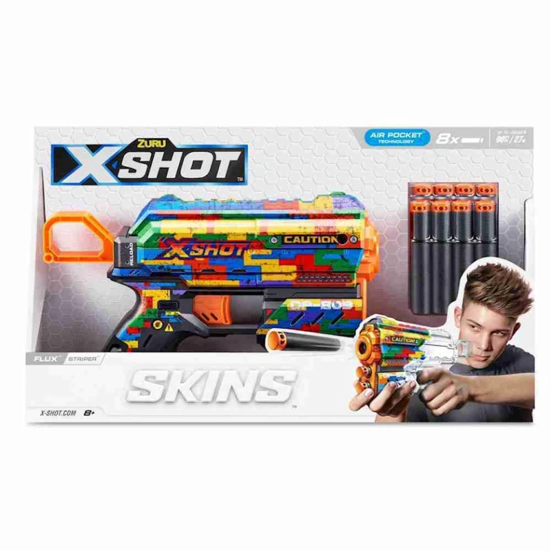 Бластер Zuru X-Shot Skins Flux Striper, 8 дротиков, 8+, разноцветный