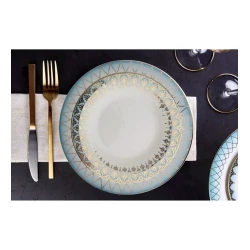 Набор столовой посуды Porland Mahpeyker 04ALM003225, 60 предметов, 12 персон, фарфор, золотистый/голубой