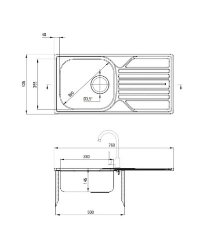 Qarışdırıcı ilə mətbəx çanağı Deante Legato ZELA0113, 43.5x76 sm, paslanmayan polad, gümüşü