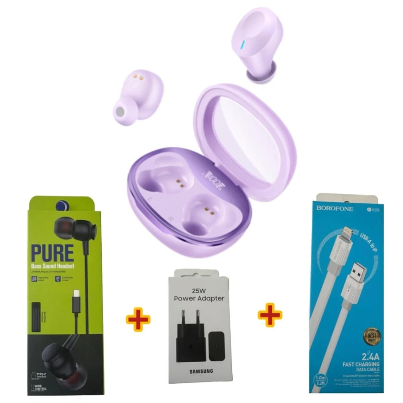 Simsiz qulaqlıqlar Hoco EQ3 Purple + Hədiyyə Simli qulaqlıqlar Strap Pure + Şəbəkə enerji toplama cihazı Samsung 25W + USB kabel Borofone BX89