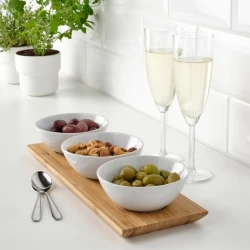 Поднос с тремя мисками IKEA Tynglos, 37x12 см, бамбук/керамика, белый/бежевый
