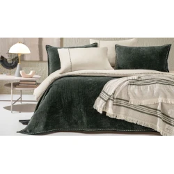 Комплект постельного белья Yataş King, пододеяльник 200х220 см, простыня 240х260 см, наволочка 50х70 см (2 шт), двуспальный, лен/хлопок, белый/зеленый