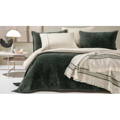 Комплект постельного белья Yataş King, пододеяльник 200х220 см, простыня 240х260 см, наволочка 50х70 см (2 шт), двуспальный, лен/хлопок, белый/зеленый