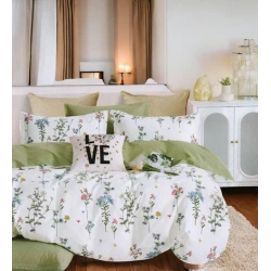 Комплект постельного белья Luxe Cotton, пододеяльник 160x220 см, простыня 250x240 см, наволочка 50x70 см, семейный, хлопок, зеленый/белый