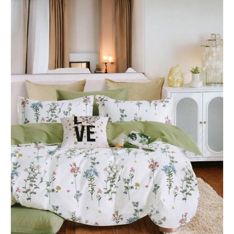 Комплект постельного белья Luxe Cotton, пододеяльник 160x220 см, простыня 250x240 см, наволочка 50x70 см, семейный, хлопок, зеленый/белый Комплект постельного белья Luxe Cotton, пододеяльник 160x220 см, простыня 250x240 см, наволочка 50x70 см, семейный, хлопок, зеленый/белый