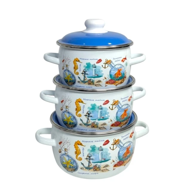 Qazan dəsti СтальЭмаль Qızıl balıq 6КА021М, mina, ağ/göy, 3 əd