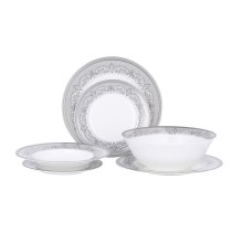 Stol servizi Gipfel ARGENTO 40988 6 nəfərlik, 19 məhsul: yemək boşqabı 27sm, 6əd, qəlyanaltı boşqabı, 23sm, 6əd, şorba boşqabı, 23, 5sm, 6əd, salat üçün qab, 24sm, 1əd. Rəng: ağ gümüşü kant ilə. Material: premium farfor