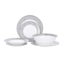 Stol servizi Gipfel ARGENTO 40988 6 nəfərlik, 19 məhsul: yemək boşqabı 27sm, 6əd, qəlyanaltı boşqabı, 23sm, 6əd, şorba boşqabı, 23, 5sm, 6əd, salat üçün qab, 24sm, 1əd. Rəng: ağ gümüşü kant ilə. Material: premium farfor