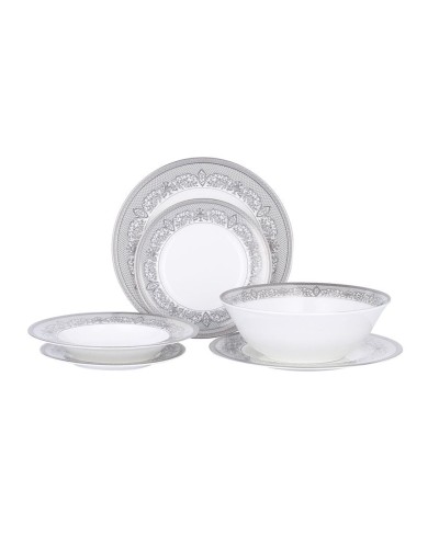 Stol servizi Gipfel ARGENTO 40988 6 nəfərlik, 19 məhsul: yemək boşqabı 27sm, 6əd, qəlyanaltı boşqabı, 23sm, 6əd, şorba boşqabı, 23, 5sm, 6əd, salat üçün qab, 24sm, 1əd. Rəng: ağ gümüşü kant ilə. Material: premium farfor