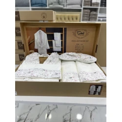 Банный набор MiraNova FS-629 (халат + банное полотенце 70x140 см + полотенце для рук 50x90 см + полотенце для рук 30x50 см + шлепанцы), хлопок, белый