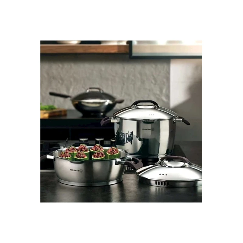Набор посуды Korkmaz Esta A1050, нержавеющая сталь, с крышкой, 9 предметов, серебристый