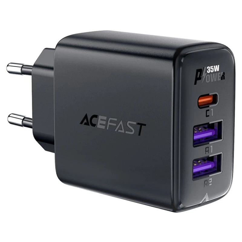 Адаптер Acefast Fast Charge Wall Charger A57 PD35W GaN (1xUSB-C + 2xUSB-A) EU, Черный Адаптер Acefast Fast Charge Wall Charger A57 PD35W GaN (1xUSB-C + 2xUSB-A) EU, Черный