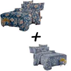 Комплект постельного белья SHA-0000502, узоры, пододеяльник 230x240 см, простыня 200x220 см, наволочки 50x70 см 2 шт, двуспальный, сатин, синий/коричневый + Комплект постельного белья Sahara SHA-0000458, пододеяльник 230x240 см, простыня 200x220 см, 2 шт 