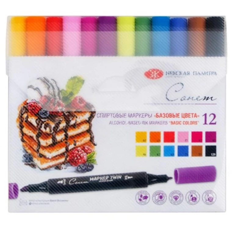 Набор маркеров Невская палитра Сонет Базовые цвета для скетчинга двусторонние, 12 цветов Набор маркеров Невская палитра Сонет Базовые цвета для скетчинга двусторонние, 12 цветов