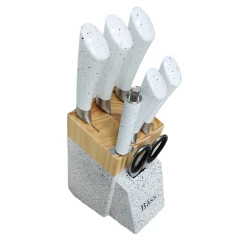 Bıçaq dəsti HMSD_BB-8V ağ, 7 əd, qayçı 18 sm/bıçaq itiləyicisi 30 sm/meyvə bıçağı 21 sm/oyma bıçağı 24 sm/aşpaz bıçağı 34 sm/çörək bıçağı 34 sm/balta 30 sm