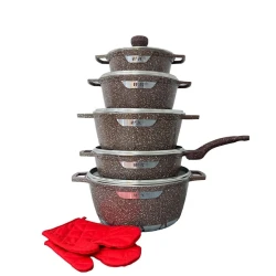 Набор посуды для готовки W.K: 4 шт кастрюли 20/24/28/32 см, 1 шт сковорода 28 см, 2 пары перчаток, коричневый