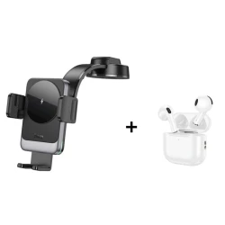 Автомобильный держатель Hoco HW14 Wireless Black + беспроводные наушники Hoco EW64 White В подарок