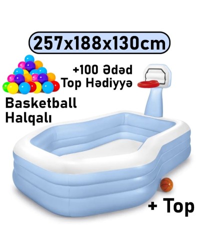 Şişmə hovuz Intex Basketball, 257x188x130 sm, 682 l, mavi, çoxgüşəli, 682TX57183T100 - 682TX57183T100