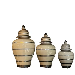 Набор декоративных банок Bianco CO75, 3 шт, керамика, бежевый, серые полосы, 24x13 см, 31x17 см, 39x21 см