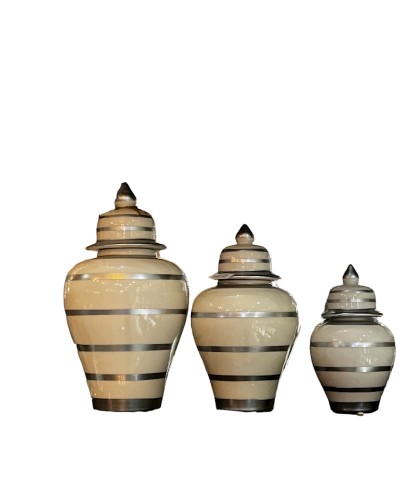 Dekorativ banka dəsti Bianco CO75, 3 əd, keramika, bej, boz zolaqlı, 24x13 sm, 31x17 sm, 39x21 sm