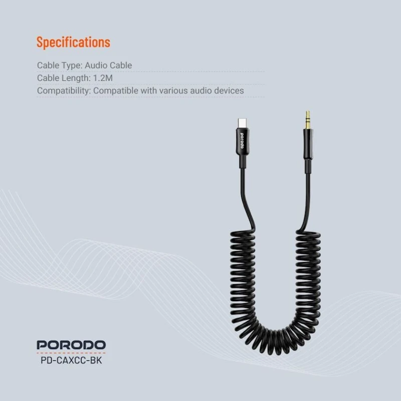 Audio kabel Porodo Type C to AUX Coil Cable Black