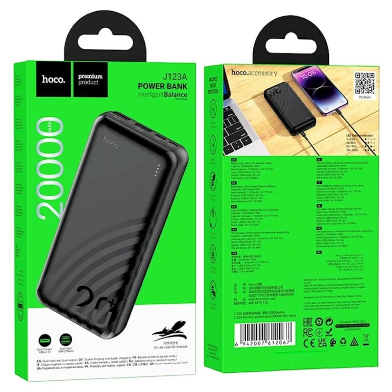 Внешний аккумулятор Hoco J123A Element 20000 mAh Black Внешний аккумулятор Hoco J123A Element 20000 mAh Black