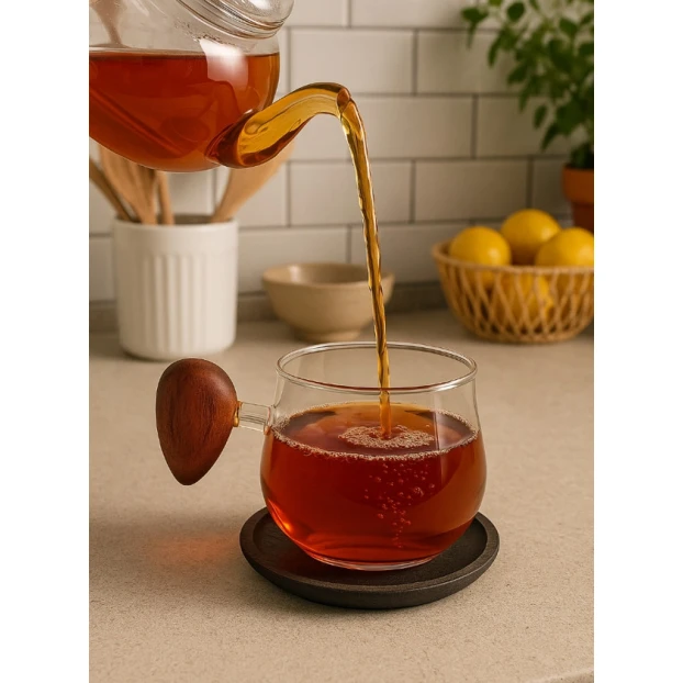 Taxta saplı şüşə stəkan altlıqla birlikdə