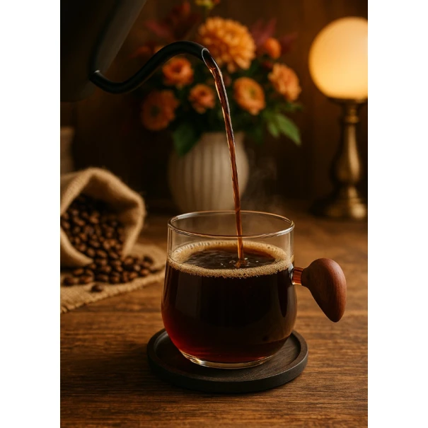 Taxta saplı şüşə stəkan altlıqla birlikdə