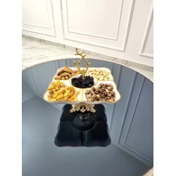 Çərəz qabı nh_17b888, 5 bölməli, keramika, metal ayaqlı, ağ/qızılı