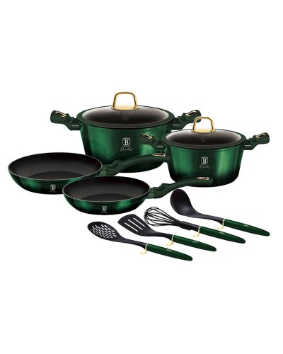 Qazan və tava dəsti Berlinger Haus Emerald Collection BH-7039, 10 parça, alüminium, üçqatlı yapışmayan titan örtük, yaşıl