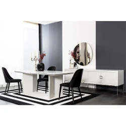 Обеденный набор Stella, стол, 6 стульев, консул. Длина стола 2м х ширина 1м, длина консула 2.28м х ширина 0.55м, краска МДФ, модерн, металлические ножки консула, ножки стульев из дерева, стол фиксированный, черно-белый