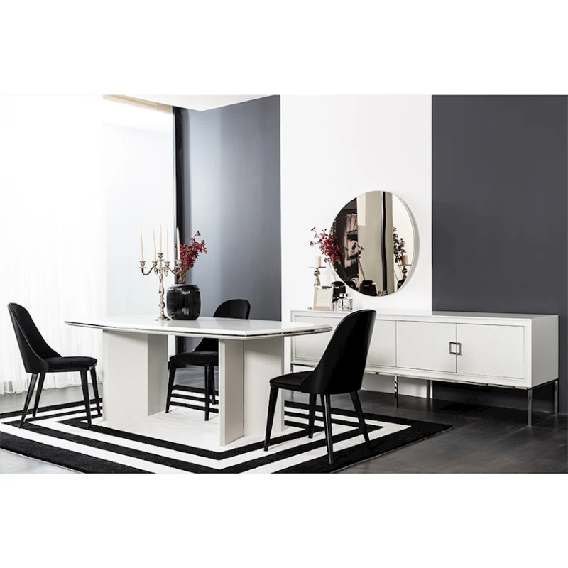 Yemək dəsti Stella, masa, 6 stul, konsul. Masa uzunluğu 2m x eni 1m, konsul uzunluğu 2.28m x eni 0.55m, Mdf boya, modern, konsolun ayaqları metal, stulların ayaqları ağac, masa sabitdir, ağ-qara Yemək dəsti Stella, masa, 6 stul, konsul. Masa uzunluğu 2m x eni 1m, konsul uzunluğu 2.28m x eni 0.55m, Mdf boya, modern, konsolun ayaqları metal, stulların ayaqları ağac, masa sabitdir, ağ-qara