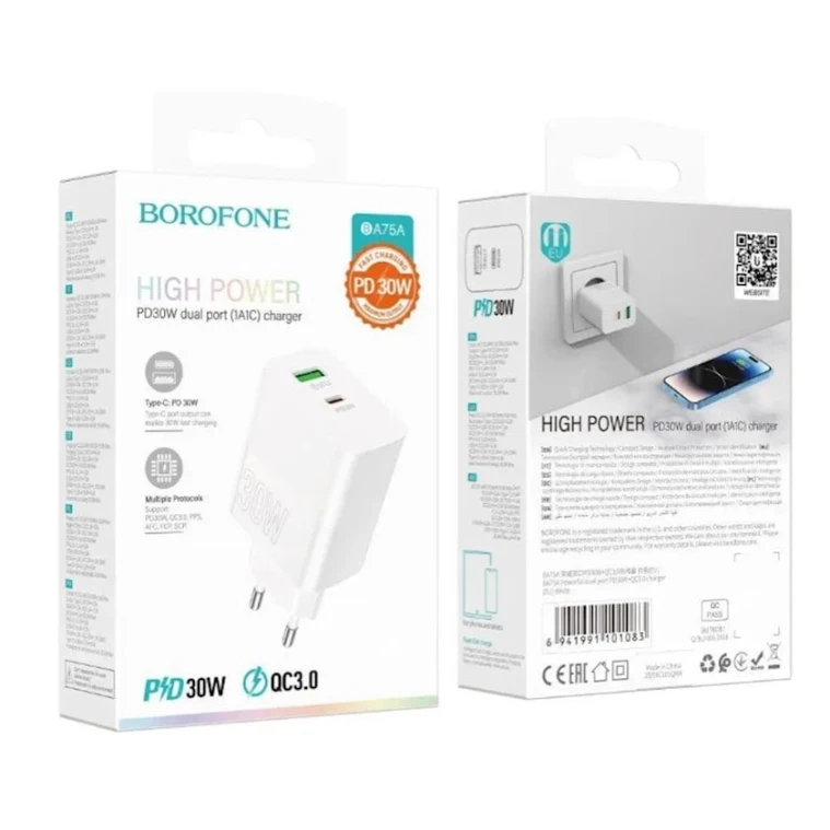 Адаптер Borofone BA75A Powerfull PD+QC 30W White Адаптер Borofone BA75A Powerfull PD+QC 30W White