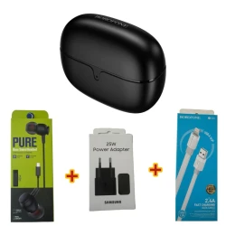 Беспроводные наушники Borofone FQ10 Black + Подарок Проводные наушники Strap Pure + Сетевое зарядное устройство Samsung 25W + Кабель USB Borofone BX89
