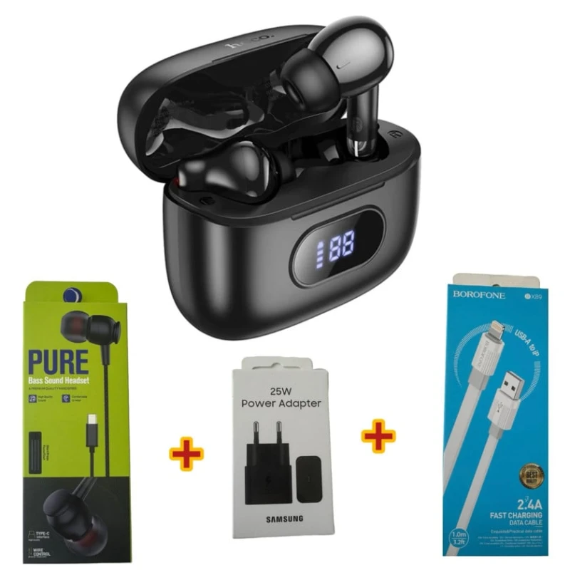 Беспроводные наушники Hoco EQ2 Plus Black + Подарок Проводные наушники Strap Pure + Сетевое зарядное устройство Samsung 25W + Кабель USB Borofone BX89